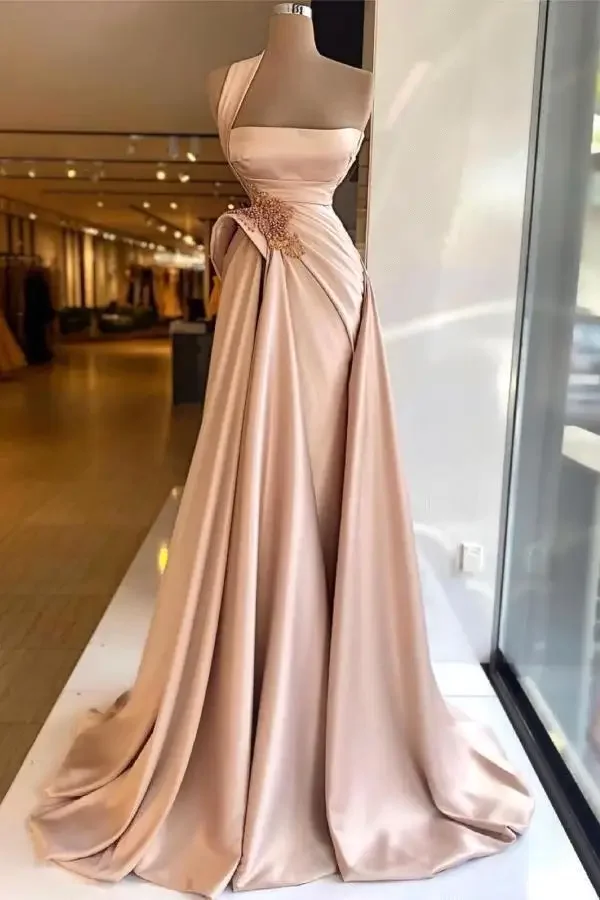 Elegant One Shoulder Satin Mermaid Evening Dresses Beaded Ruched High Split Sweep Train Formal Party Prom Gowns