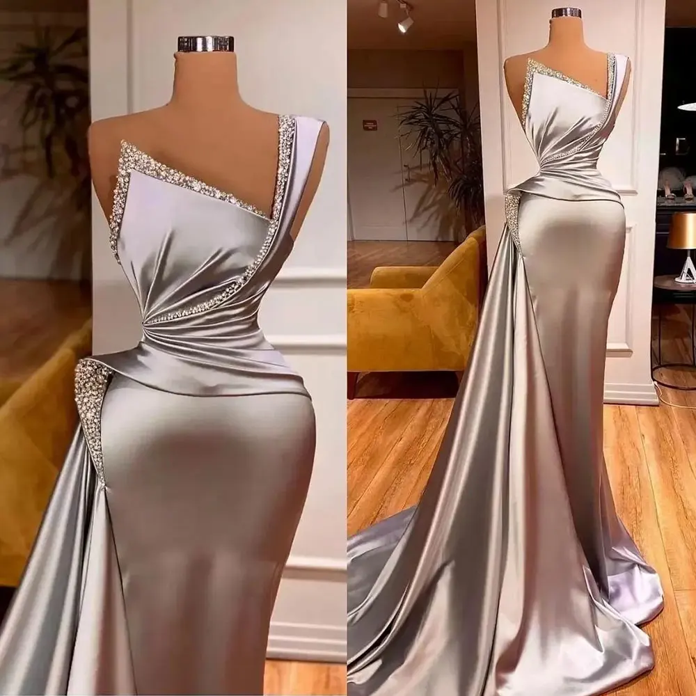 Silver Evening Dresses with Crystal Satin One Shoulder Mermaid Prom Dress for Elegant Women Ruffles Formal Robe De Soiree 2024