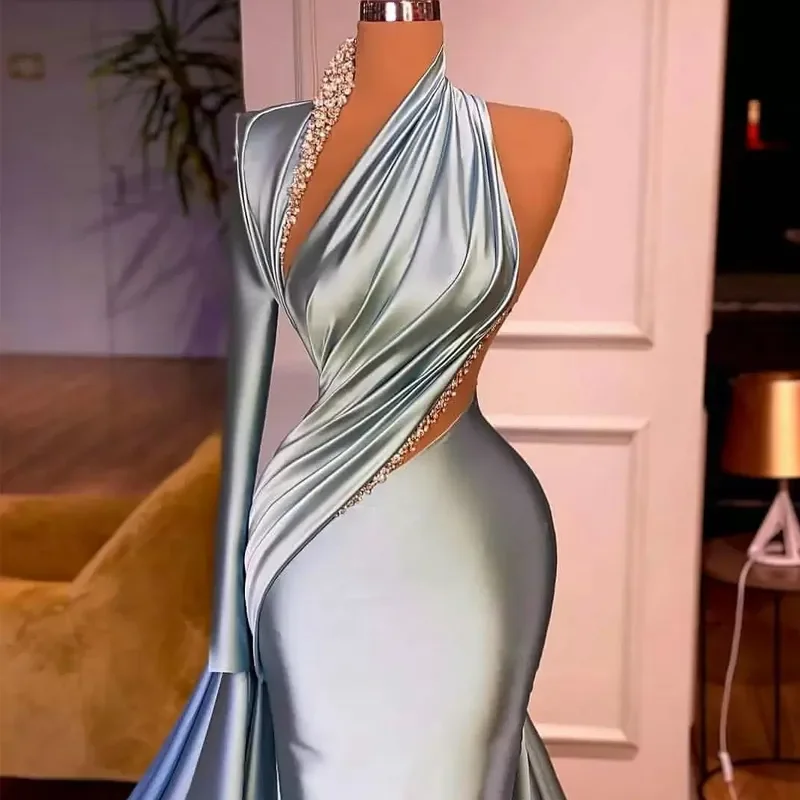 Classic fashion mermaid single rotator cuff pleated sexy bag hip floor-length evening dress Celebrity robe Formal occasion party