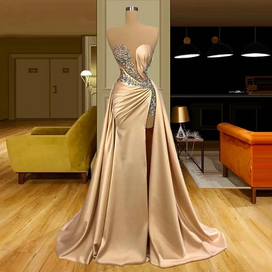 Champagne Gold Evening Dresses Sexy Illusion Mermaid Prom Gown Applique Beading High Split Satin Party Gowns With Overskirt