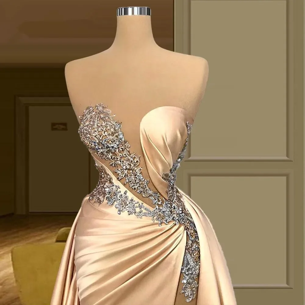 Champagne Gold Evening Dresses Sexy Illusion Mermaid Prom Gown Applique Beading High Split Satin Party Gowns With Overskirt