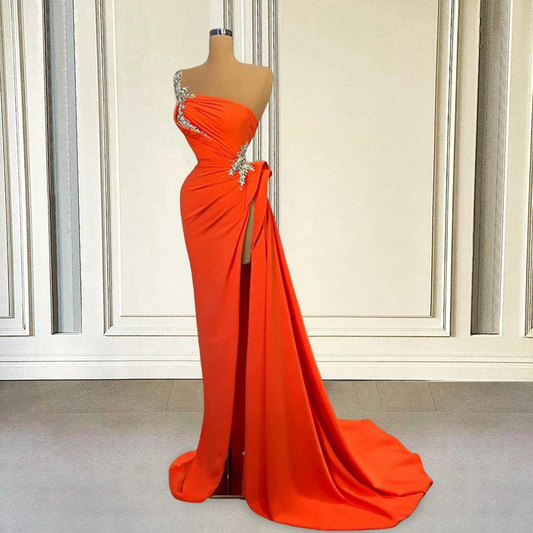 Orange One Shoulder Evening Dresses Formal Long Elegent Beaded With High Slit Arabic Dubai Women Prom Gowns Robe De Soirée