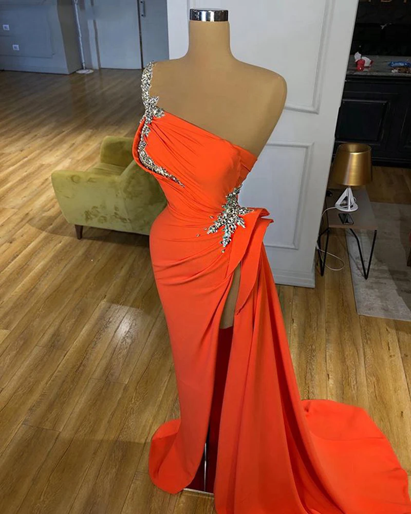 Orange One Shoulder Evening Dresses Formal Long Elegent Beaded With High Slit Arabic Dubai Women Prom Gowns Robe De Soirée