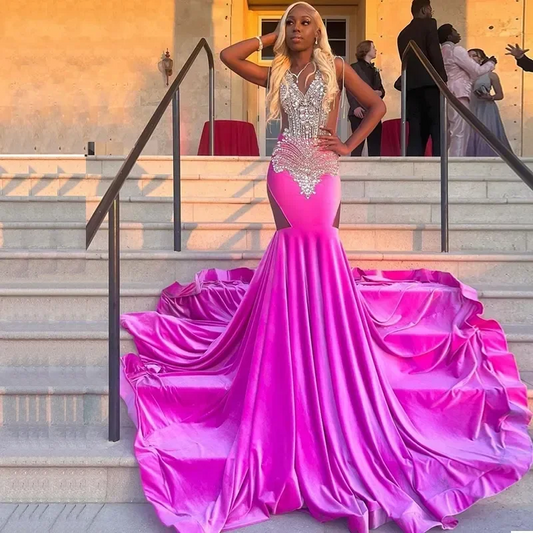 Rose Velvet Mermaid Prom Dresses 2024 For African Women Crystals Beads Black Girls Long Aso Ebi Plus Size Evening Occasion Gowns