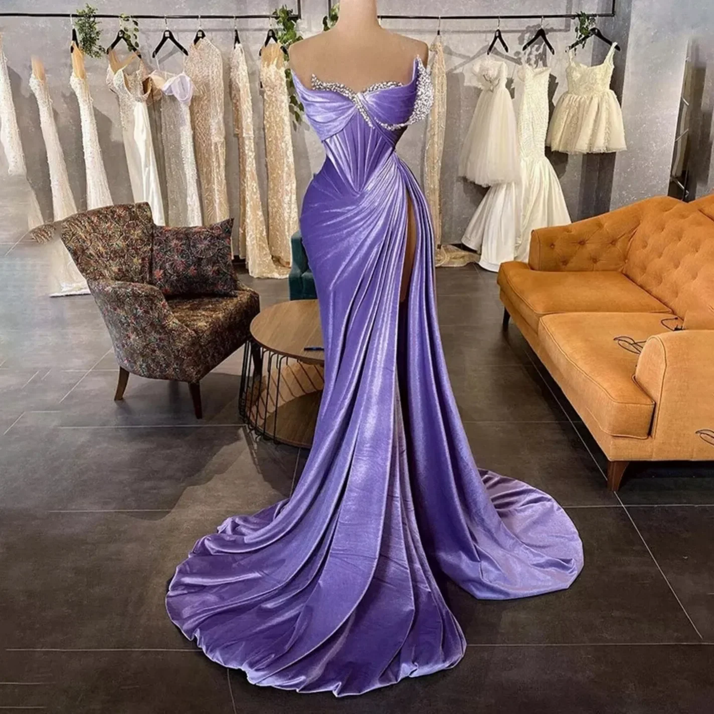 Lavender Velvet Prom Dresses Dubai Arabic Mermaid Women Party Gowns Pleated Sparkly Crystals High Split Sexy Formal Evening Gown