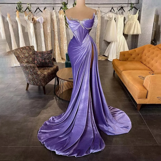 Lavender Velvet Prom Dresses Dubai Arabic Mermaid Women Party Gowns Pleated Sparkly Crystals High Split Sexy Formal Evening Gown