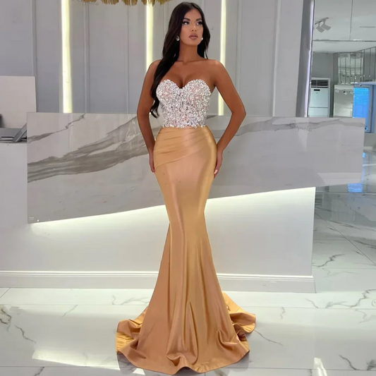 Luxury Beading Gold Mermaid Evening Dresses For Women 2024 Party Gowns Sweetheart Draped Satin Prom فستان حفلات الزفاف