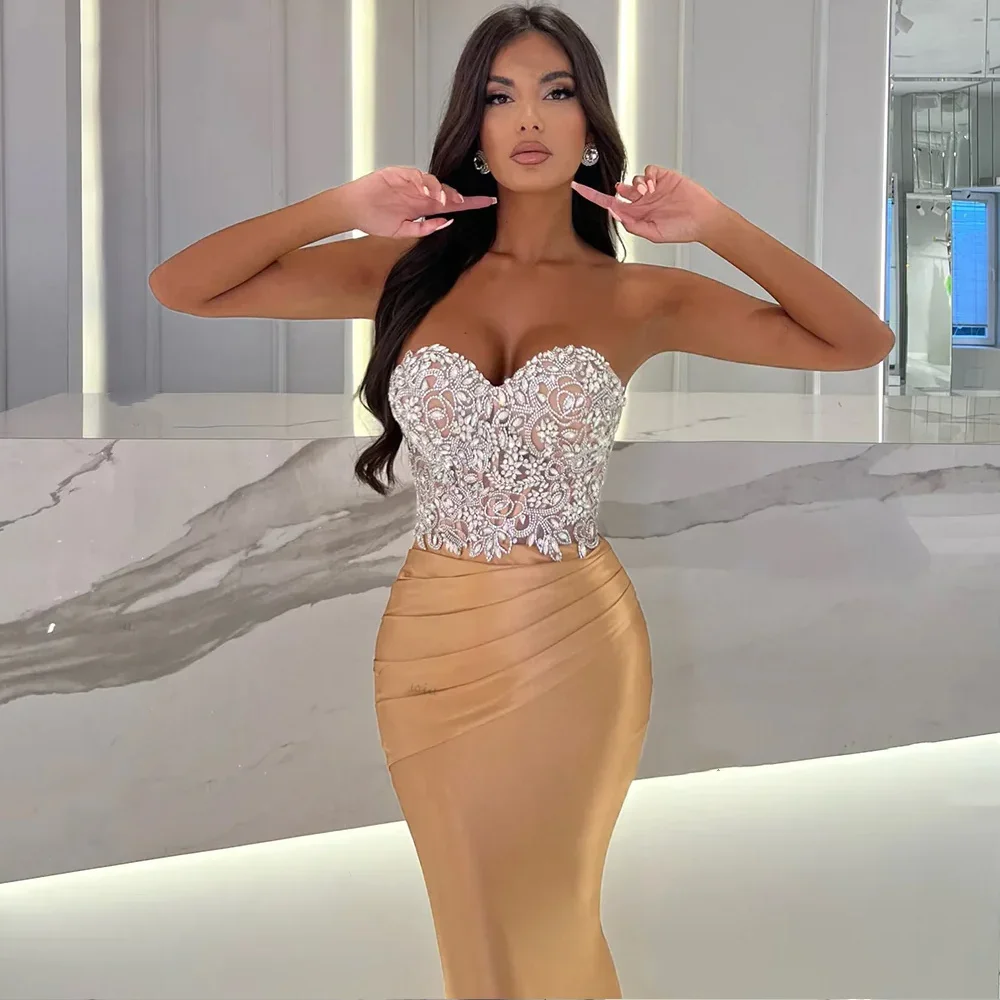 Luxury Beading Gold Mermaid Evening Dresses For Women 2024 Party Gowns Sweetheart Draped Satin Prom فستان حفلات الزفاف