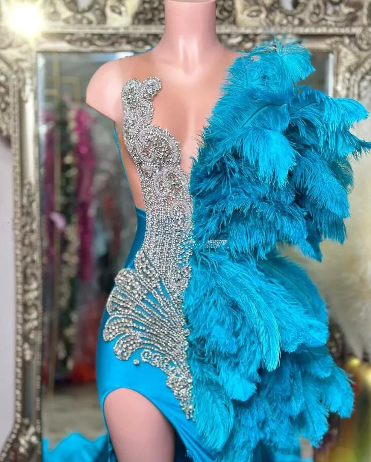 Sky Blue Short Prom Homecoming Dresses with Side Train Sparkly Luxury Diamond Crystal Feather Birthday Party Gown Black Girl