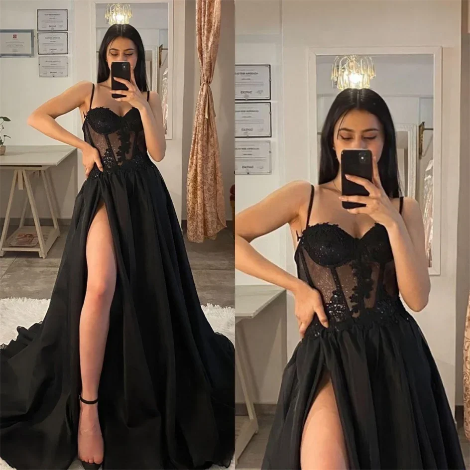 Shiny Tulle Evening Dress 2024 Sexy Black V-Neck StrapLlace Applique Party Dress A-line High Side Slit Formal Occasion Prom Gown