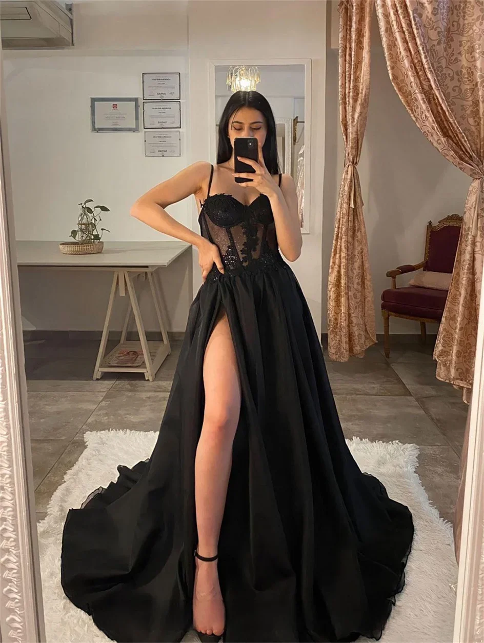 Shiny Tulle Evening Dress 2024 Sexy Black V-Neck StrapLlace Applique Party Dress A-line High Side Slit Formal Occasion Prom Gown