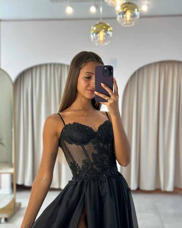 Black Sweetheart Spaghetti Straps High Slit Prom Dresses Appliques Lace Sexy Backless Illusion Formal Evening Gowns Party Dress