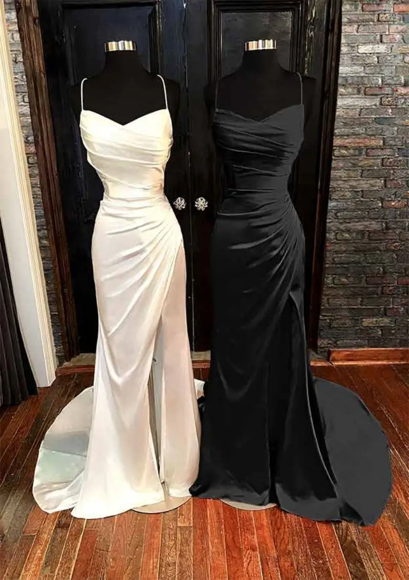 Sheath/Column V Neck Spaghetti Straps Sweep Train Satin Prom Dress With Pleated Split Formal Evening Gowns Backless