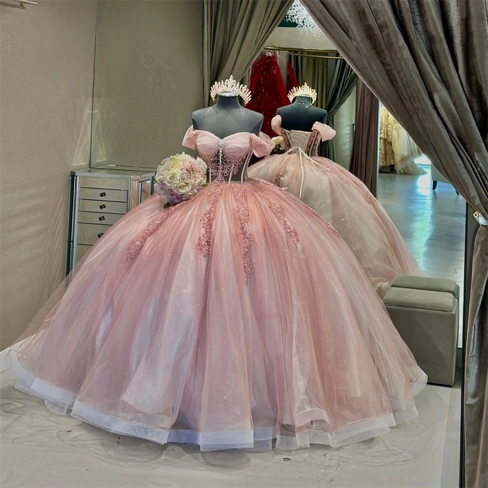 Pink Charro Quinceanera Dresses Ball Gown Off The Shoulder Tulle Appliques Mexican Sweet 16 Dresses 15 Anos