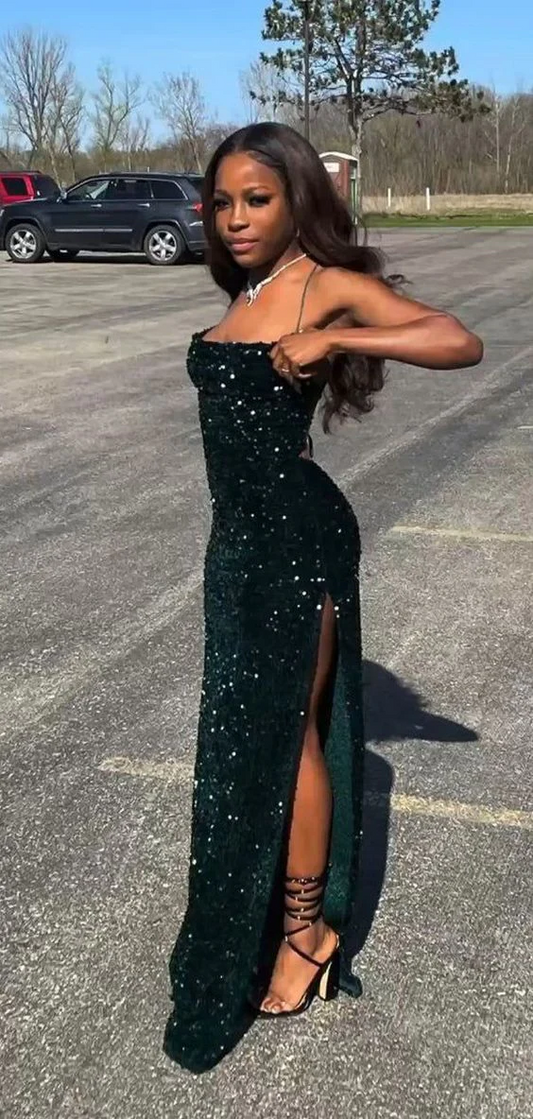 Mermaid Sequins Dark Green Long Prom Dresses 22th Birthday Outfits