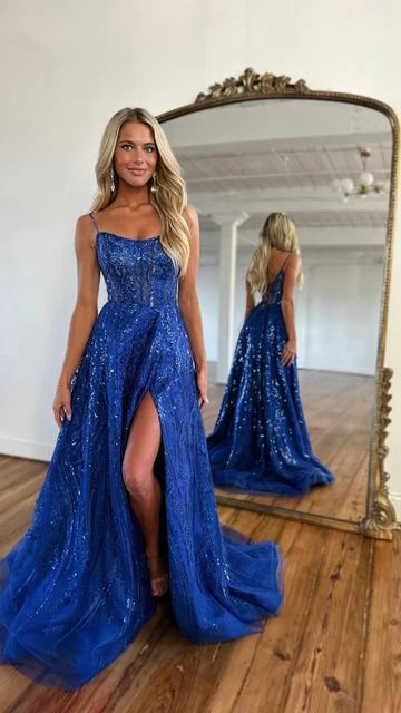 Royal Blue Sparkle Tulle Sequined Slit Long Prom Dress with Beads