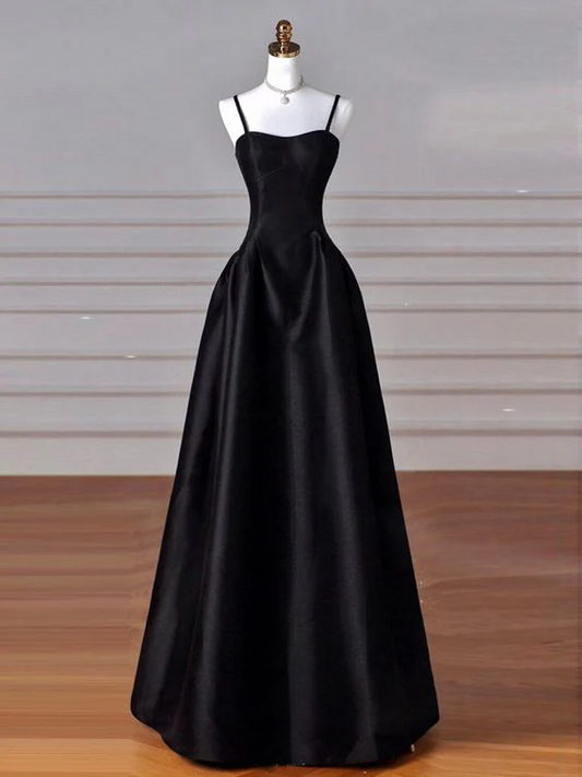 A-Line Sweetheart Neck Satin Black Long Prom Dress, Black Long Formal Dress