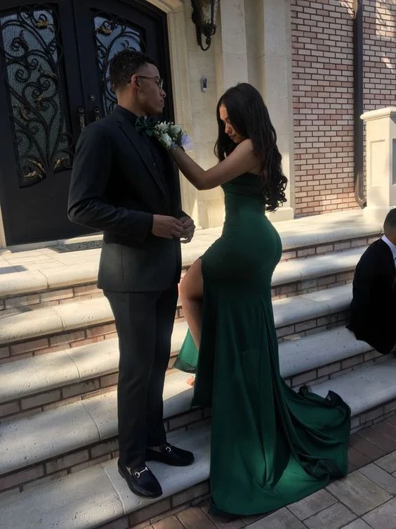 Green Strapless Mermaid Split Long Prom Dresses With Sweep Train, Mermaid Green Formal Dresses, Evening Dresses