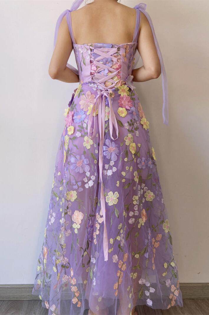 Lavender Floral Embroidery A-line Formal Dress