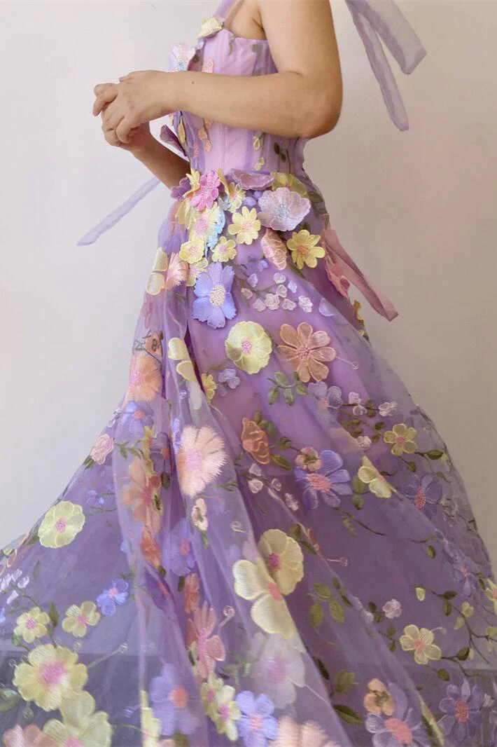 Lavender Floral Embroidery A-line Formal Dress