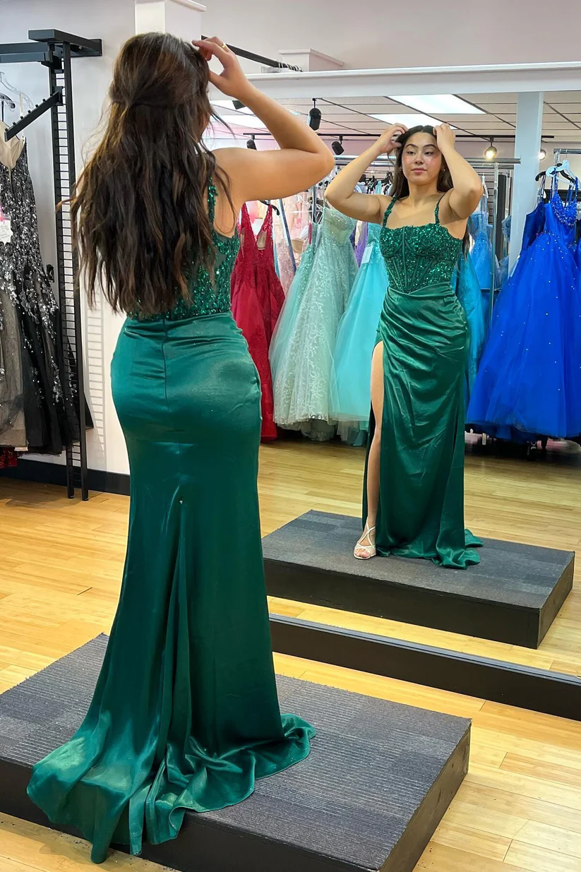 Green Appliques Straps Mermaid Formal Dress