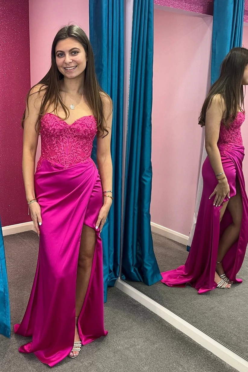 Fuchsia Lace and Satin Ruched Mermaid Prom Dress