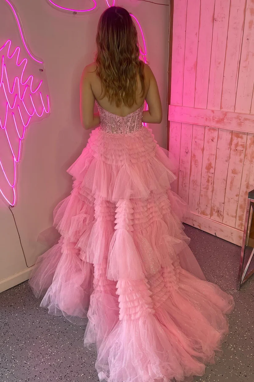 Halter Pink Appliques and Tulle Tiered Formal Dress