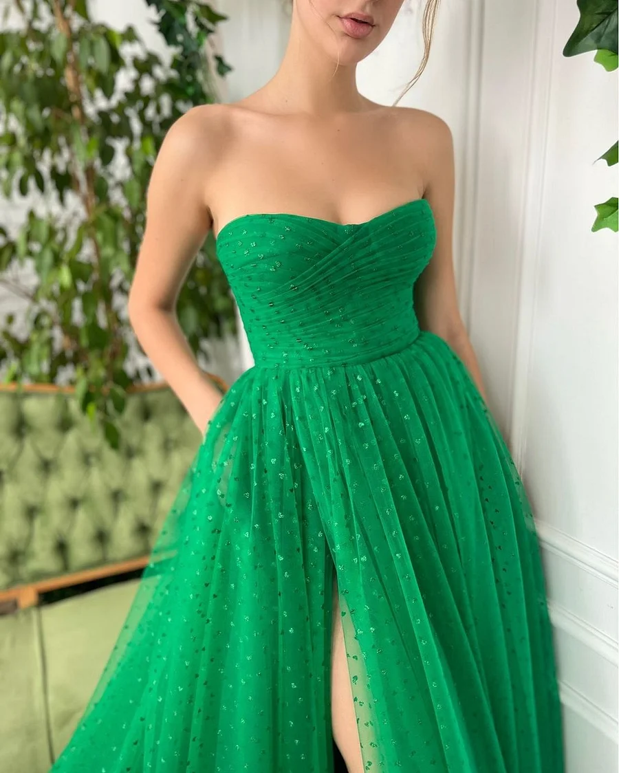 Charming Green Tulle Prom Dress Sleeveless Strapless Satin with High Slit