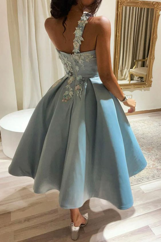 Cute One Shoulder Satin Lace Short Prom Dress, A-Line Party Dress