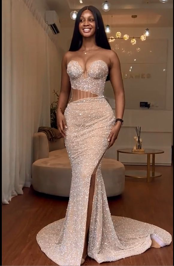 Stunning Light Champagne Slit Mermaid Beaded Sweetheart Prom Dress