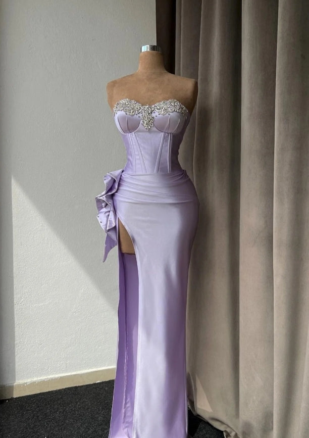 Light Purple Prom Dress With Rhinstone High Slit Gown Sleeveless