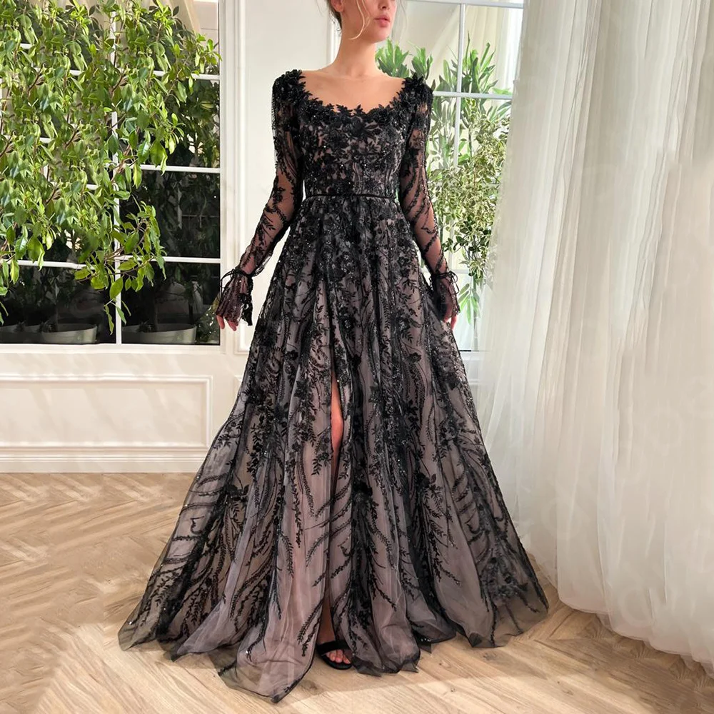 Sevintage Black Embroidery Lace Beadings Crystal Prom Dresses Side Split A-Line Long Sleeves Wedding Party Gowns Evening Dress