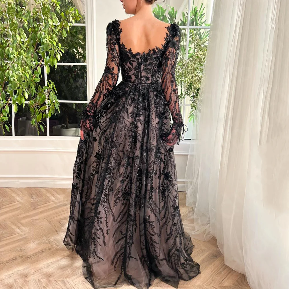 Sevintage Black Embroidery Lace Beadings Crystal Prom Dresses Side Split A-Line Long Sleeves Wedding Party Gowns Evening Dress