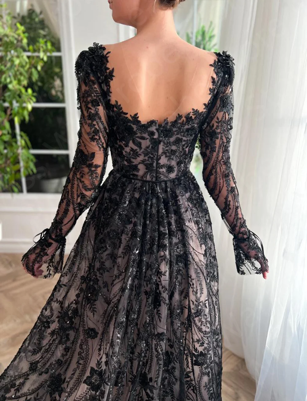 Sevintage Black Embroidery Lace Beadings Crystal Prom Dresses Side Split A-Line Long Sleeves Wedding Party Gowns Evening Dress