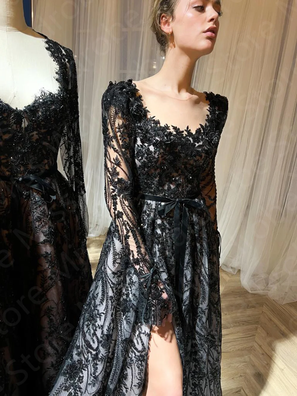 Sevintage Black Embroidery Lace Beadings Crystal Prom Dresses Side Split A-Line Long Sleeves Wedding Party Gowns Evening Dress