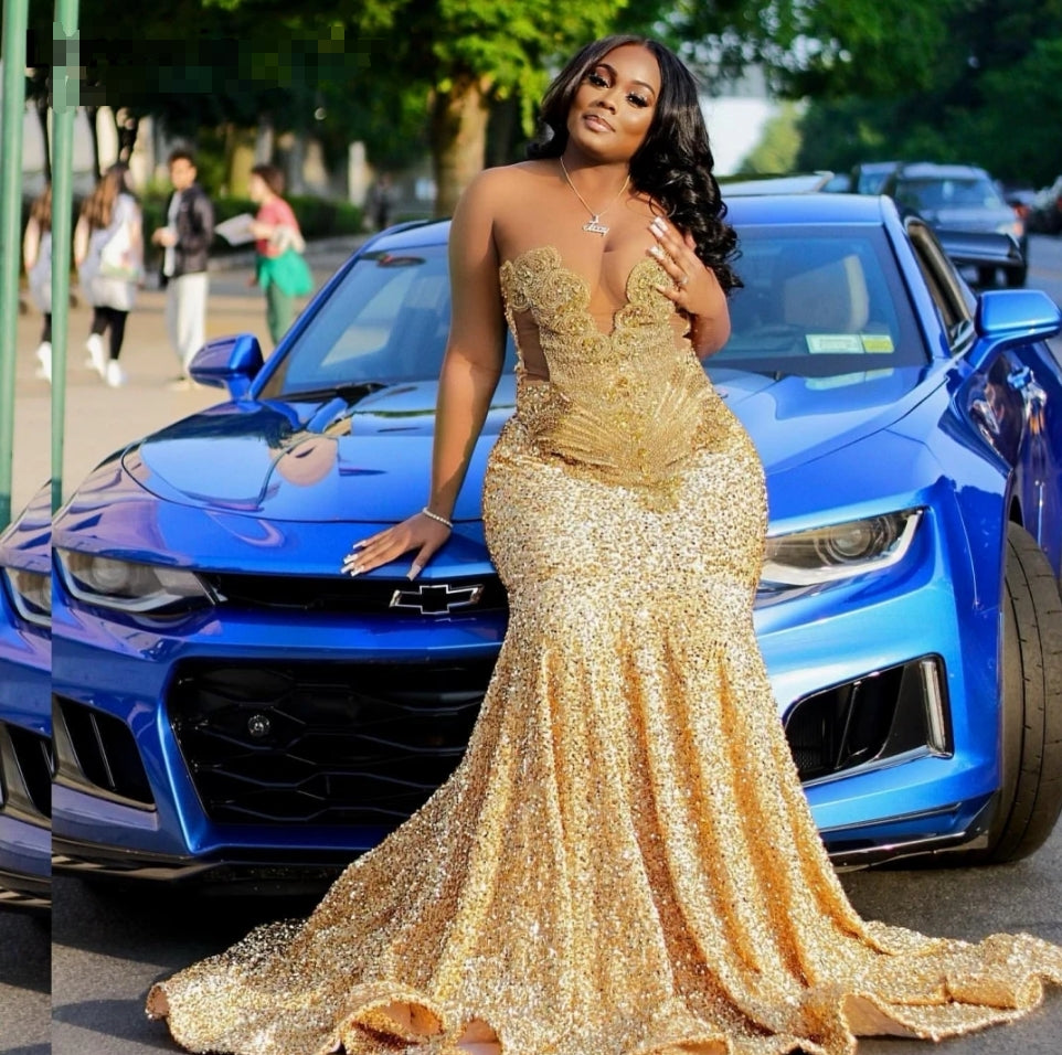 Gold Sequins Mermaid Prom Dress 2024 For Black Girls Crystal Rhinestone Beaded Party Gala Gown Robe De Soiree