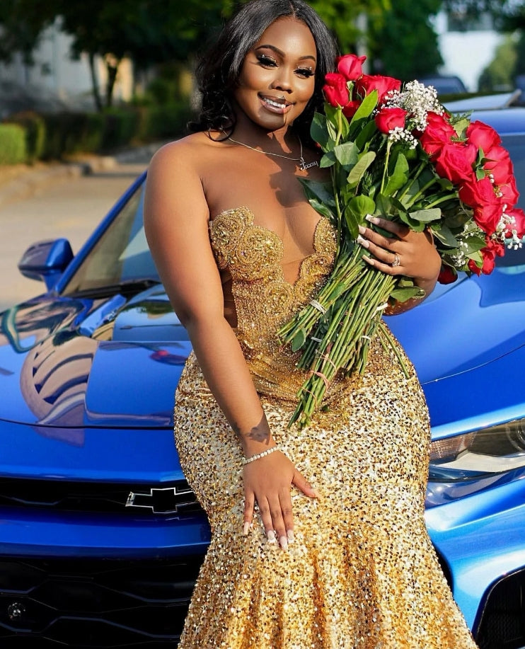 Gold Sequins Mermaid Prom Dress 2024 For Black Girls Crystal Rhinestone Beaded Party Gala Gown Robe De Soiree