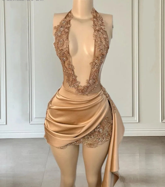 Rose Gold Short Prom Dress For Women Halter Birthday Dresses For Your Birthday Beading Party Gowns Vestidos De Graduación