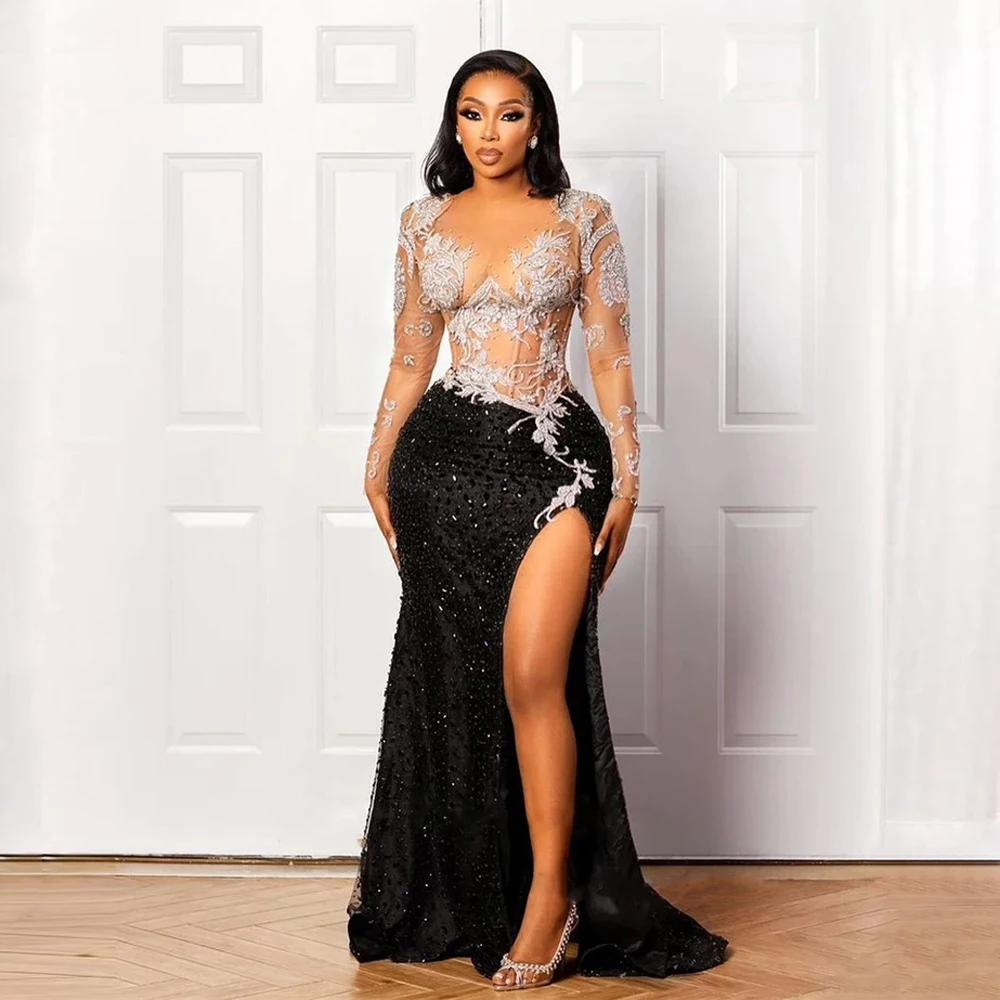 African Lace Mermaid Prom Dress Long Sleeve Aso Ebi Wedding Guest Dress Black Girl Evening Gown Robe De Soiree