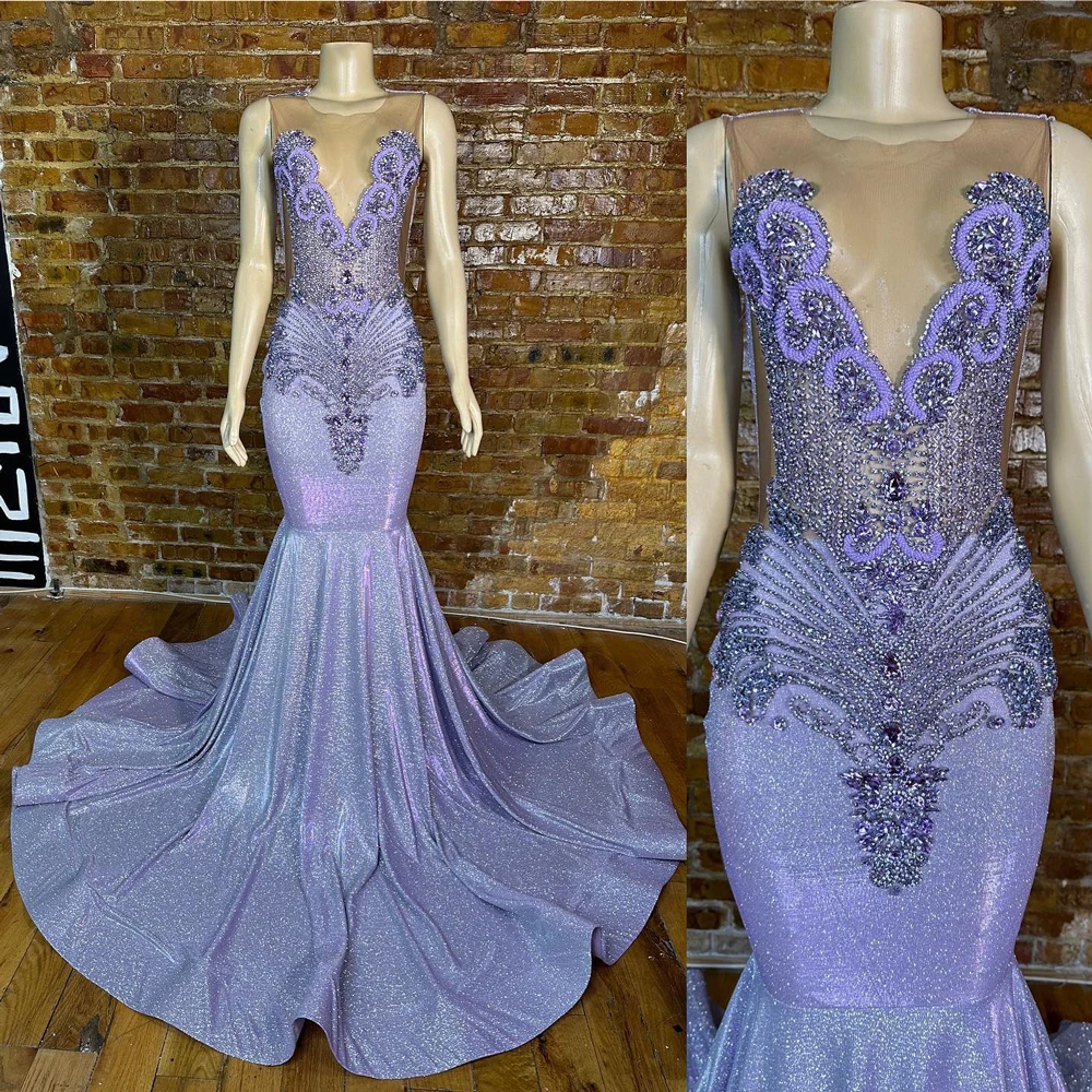 Light Purple Rhinestones Sheer O Neck Prom Dresses Luxury Glitter Lilac Long Black Girls Prom Gala Gowns 2024