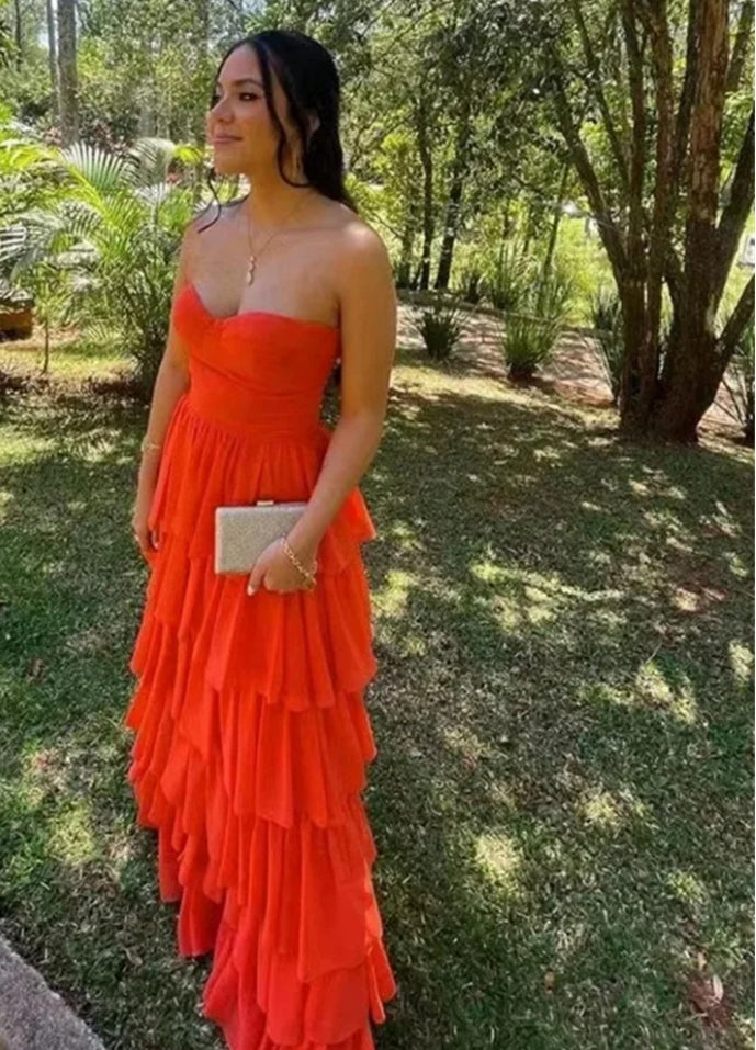 Orange Sleeveless Charming Prom Dresses Gown Tiered Layer Beach Formal Gowns Sweetheart Evening Gowns vestidos de noche