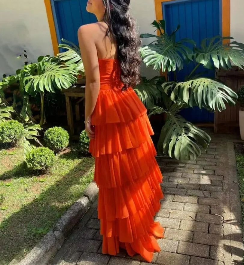 Orange Sleeveless Charming Prom Dresses Gown Tiered Layer Beach Formal Gowns Sweetheart Evening Gowns vestidos de noche