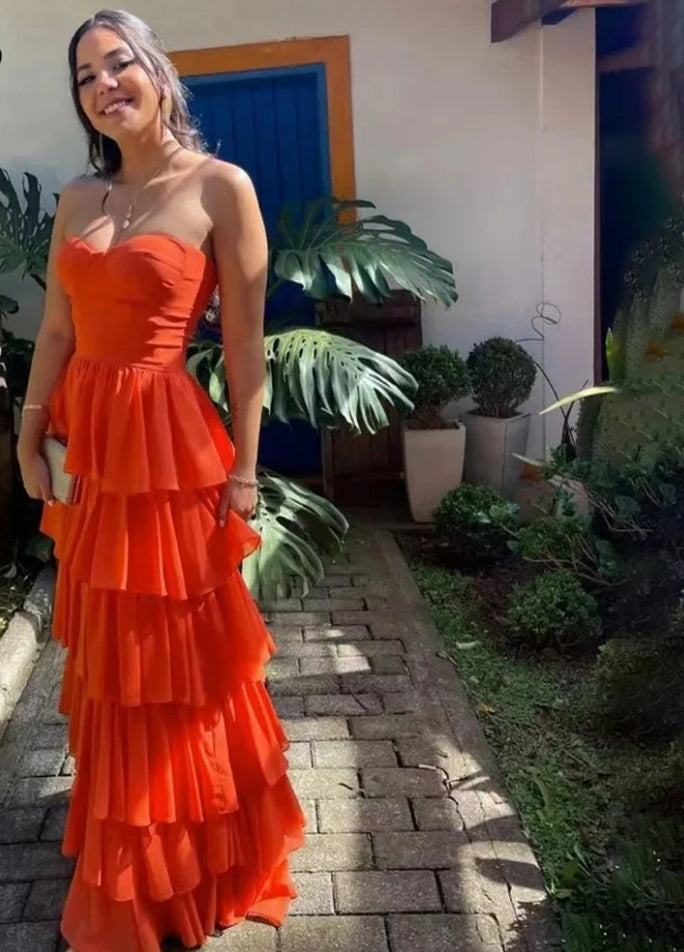 Orange Sleeveless Charming Prom Dresses Gown Tiered Layer Beach Formal Gowns Sweetheart Evening Gowns vestidos de noche