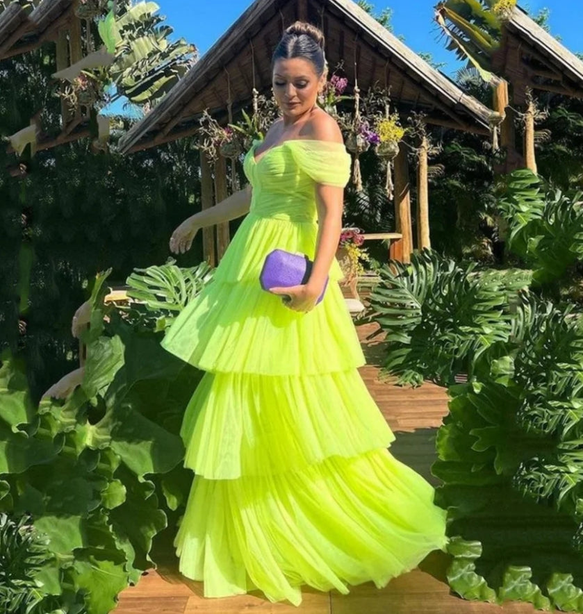 Sexy Off Shoulder Prom Dress Elegant Fluorescent Green A-line فساتين السهرة Grace Multilayer Maxi Vestidos De Noche