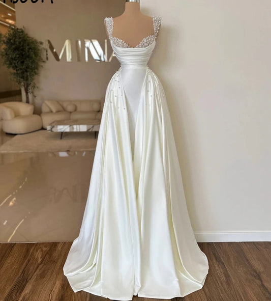 Luxury V-Neck Spaghetti Strap Pearls Sleeveless Wedding Dress 2024 Mermaid Floor Length Sweep Train Custom Made Bridal Gown