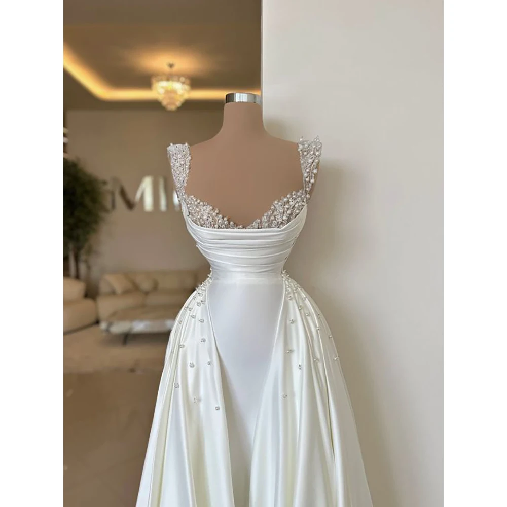 Luxury V-Neck Spaghetti Strap Pearls Sleeveless Wedding Dress 2024 Mermaid Floor Length Sweep Train Custom Made Bridal Gown