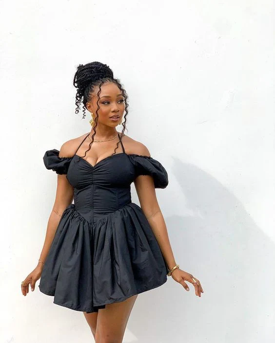 Sexy A line Off The Shoulder Short Sleeves Black Short Homecoming Dress