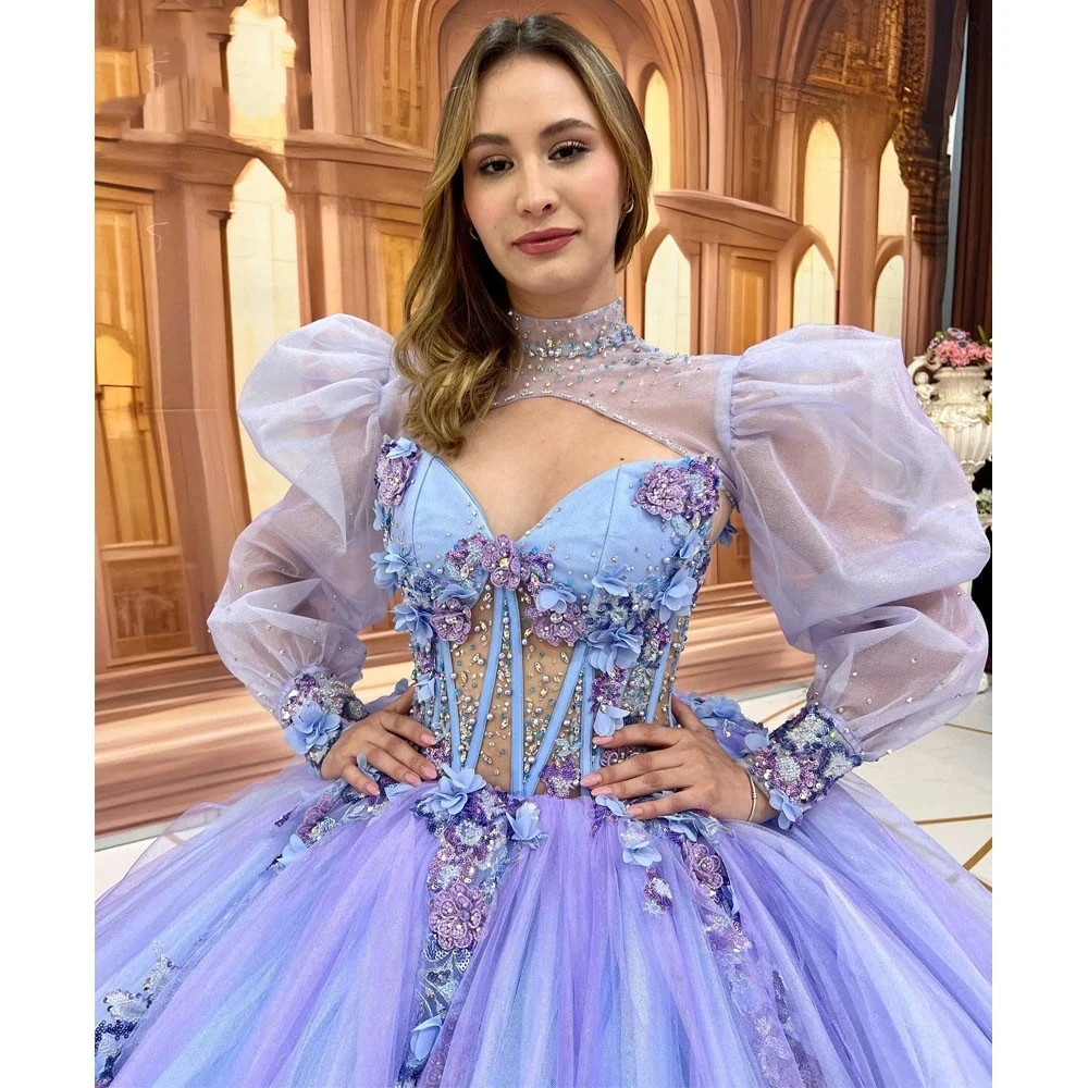 Luxury Light Blue and Lilac Quinceanera Dress With Jacket Beading Flower Formal Party Princess Vestidos De 15 Anos