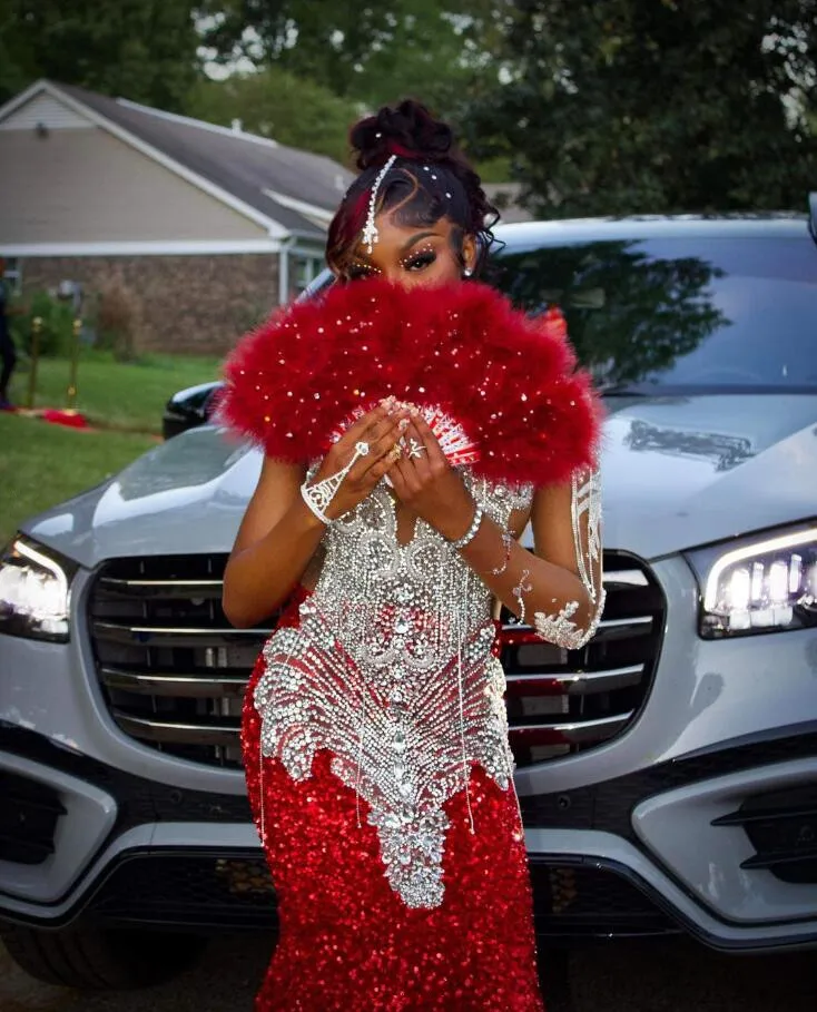 Red Sparkly Long Mermaid Prom Occasion Party Dresses for Black Girl Luxury Diamond Velvet Evening Birthday Gala Dress 2024