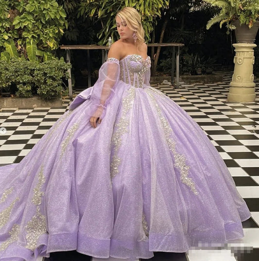 Lilac Lavender Princess Quinceanera Dresses with Long Sleeve Gillter Crystal Corset Lace-up vestidos de 15 años Prom Sweet 16